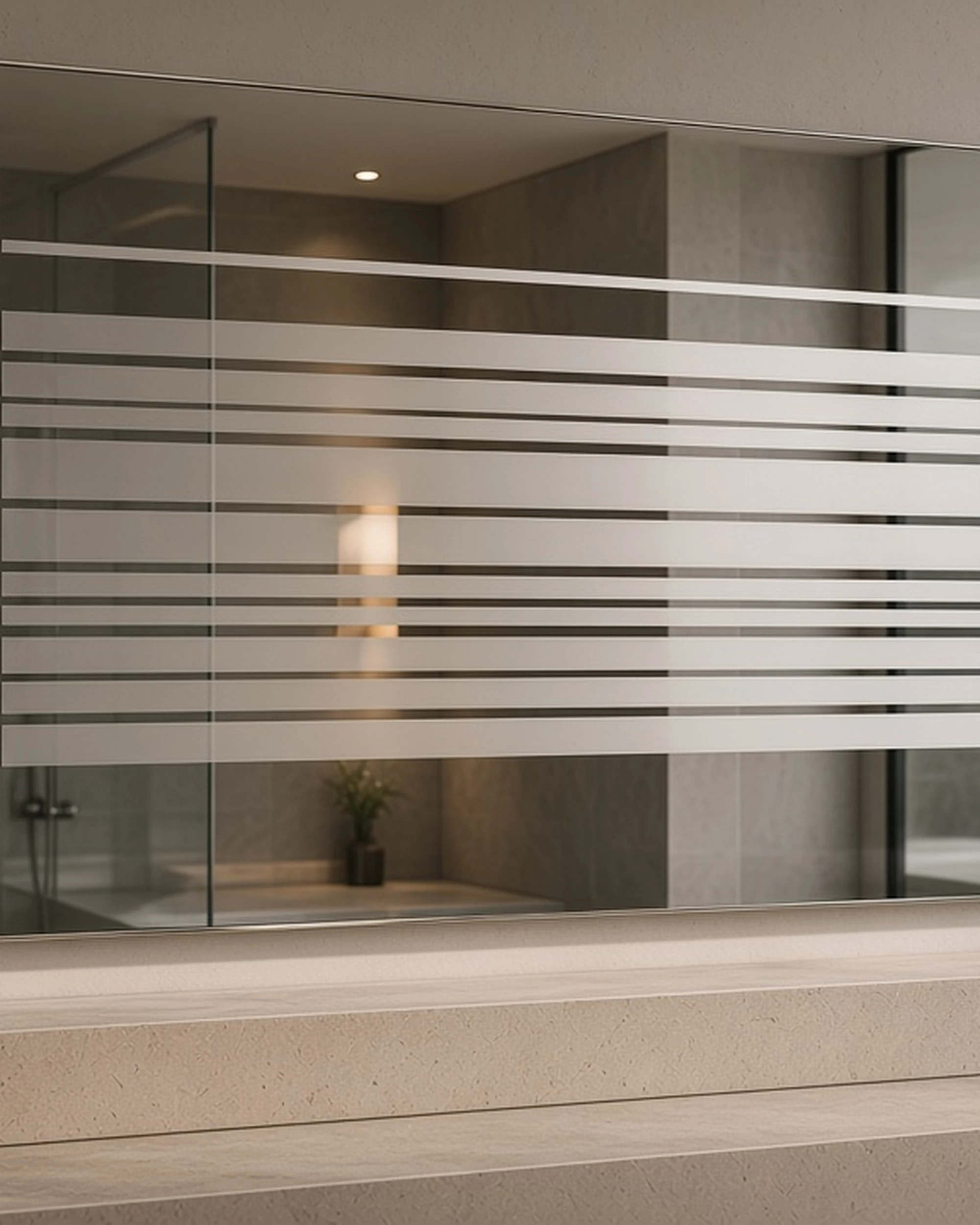 Silver mirror with back-frosted design above a vanity, illustrative render