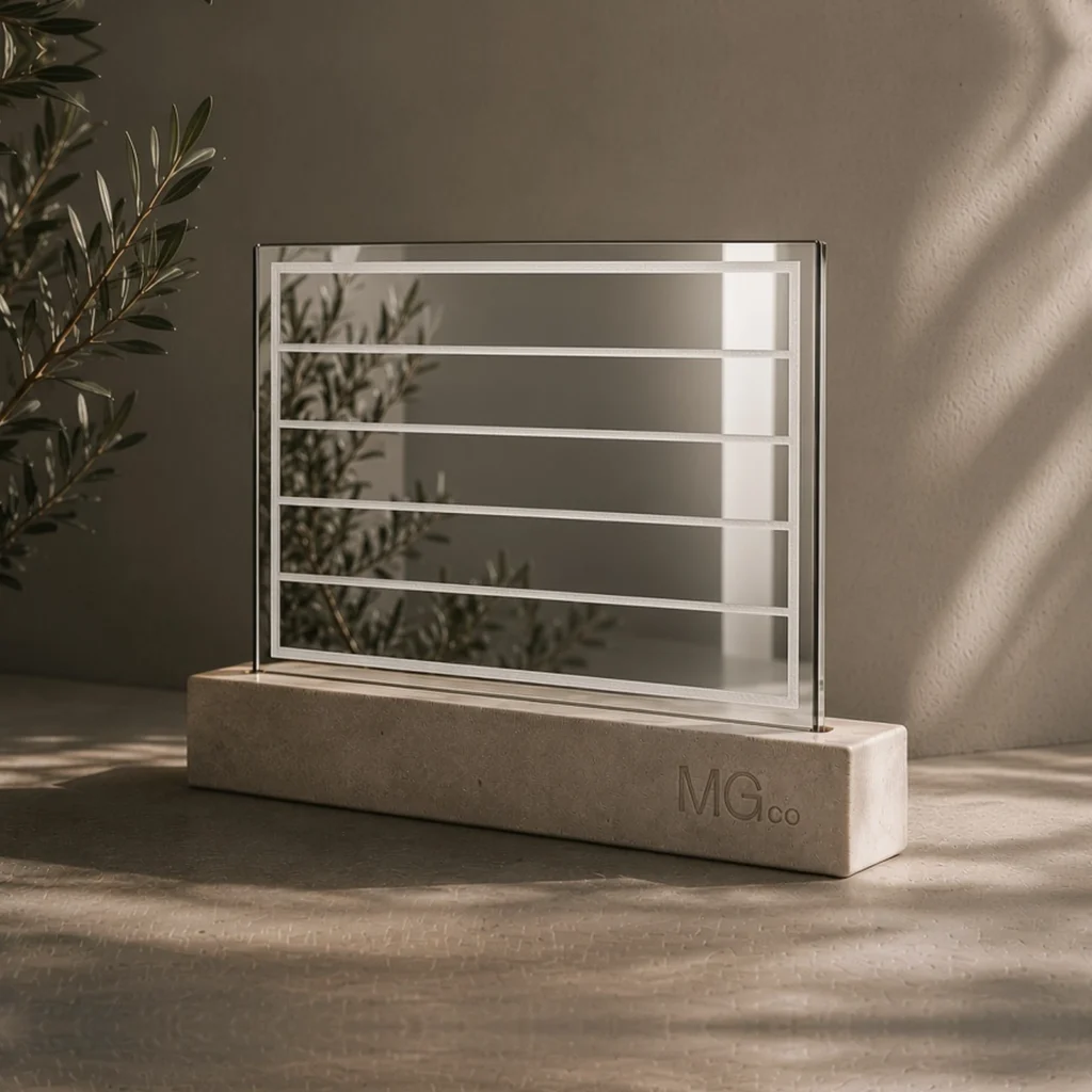 Silver mirror with back-frosted design sample