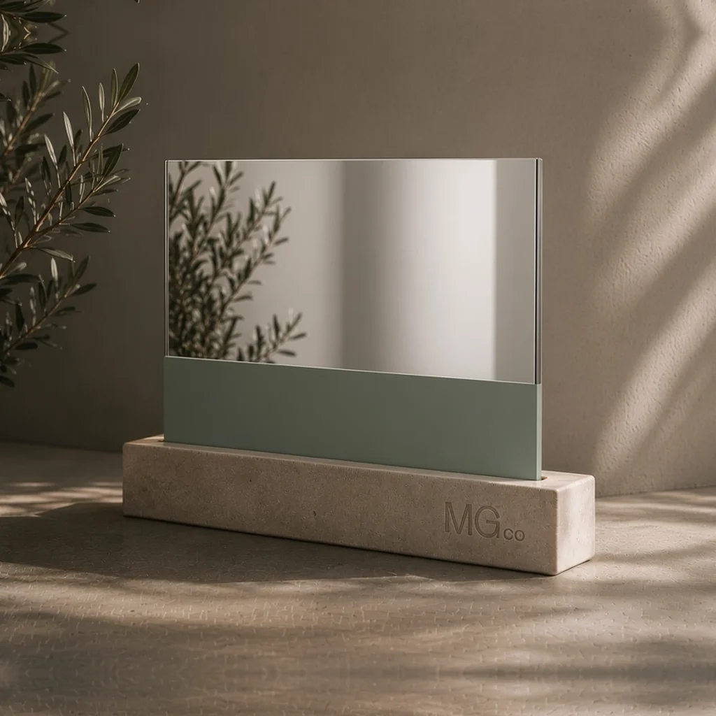 Silver mirror with back-painted colour band sample