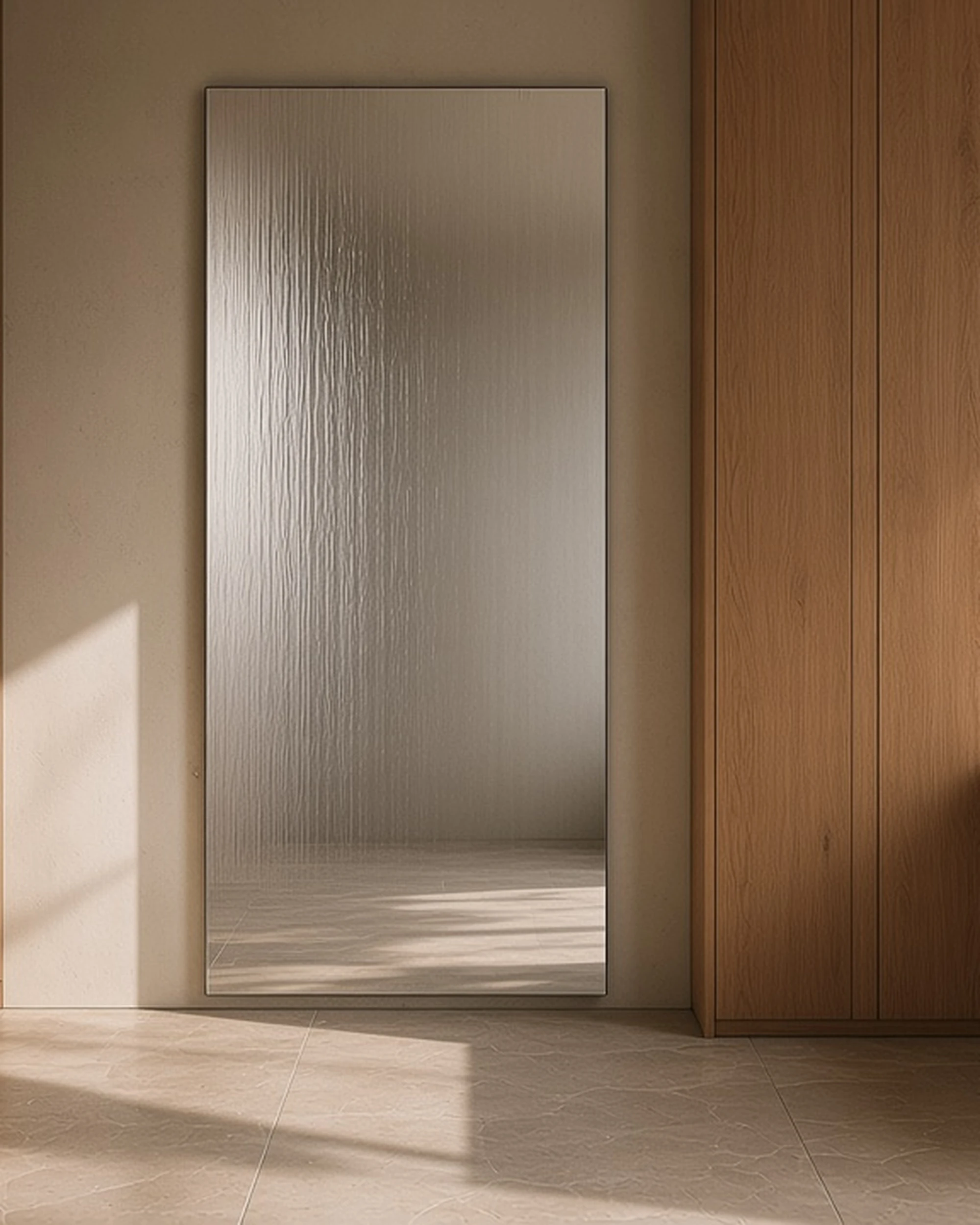 Silver Charcoal Sticks textured mirror in a dressing room, illustrative render