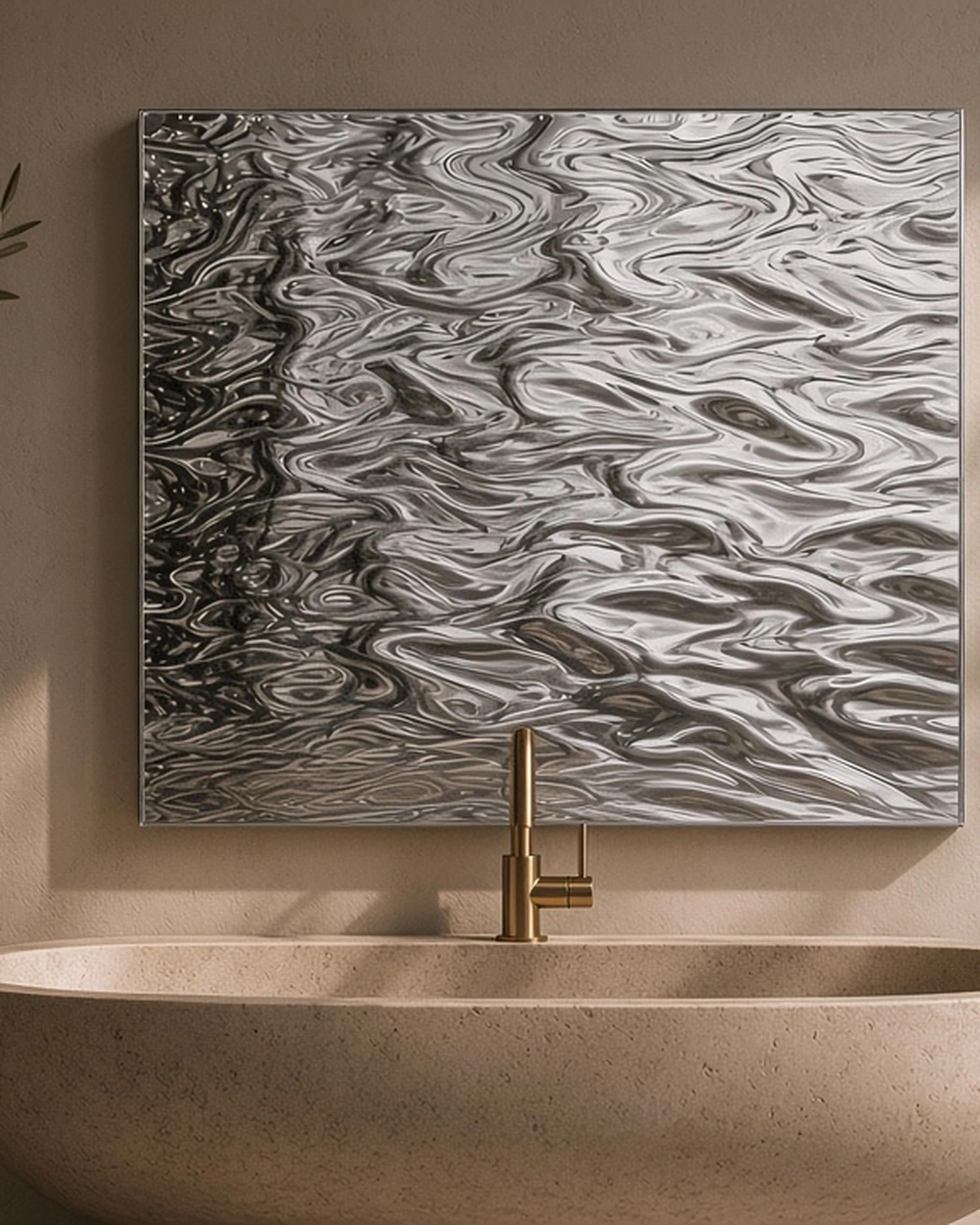 Silver Contora textured mirror above a basin in a powder room, illustrative render
