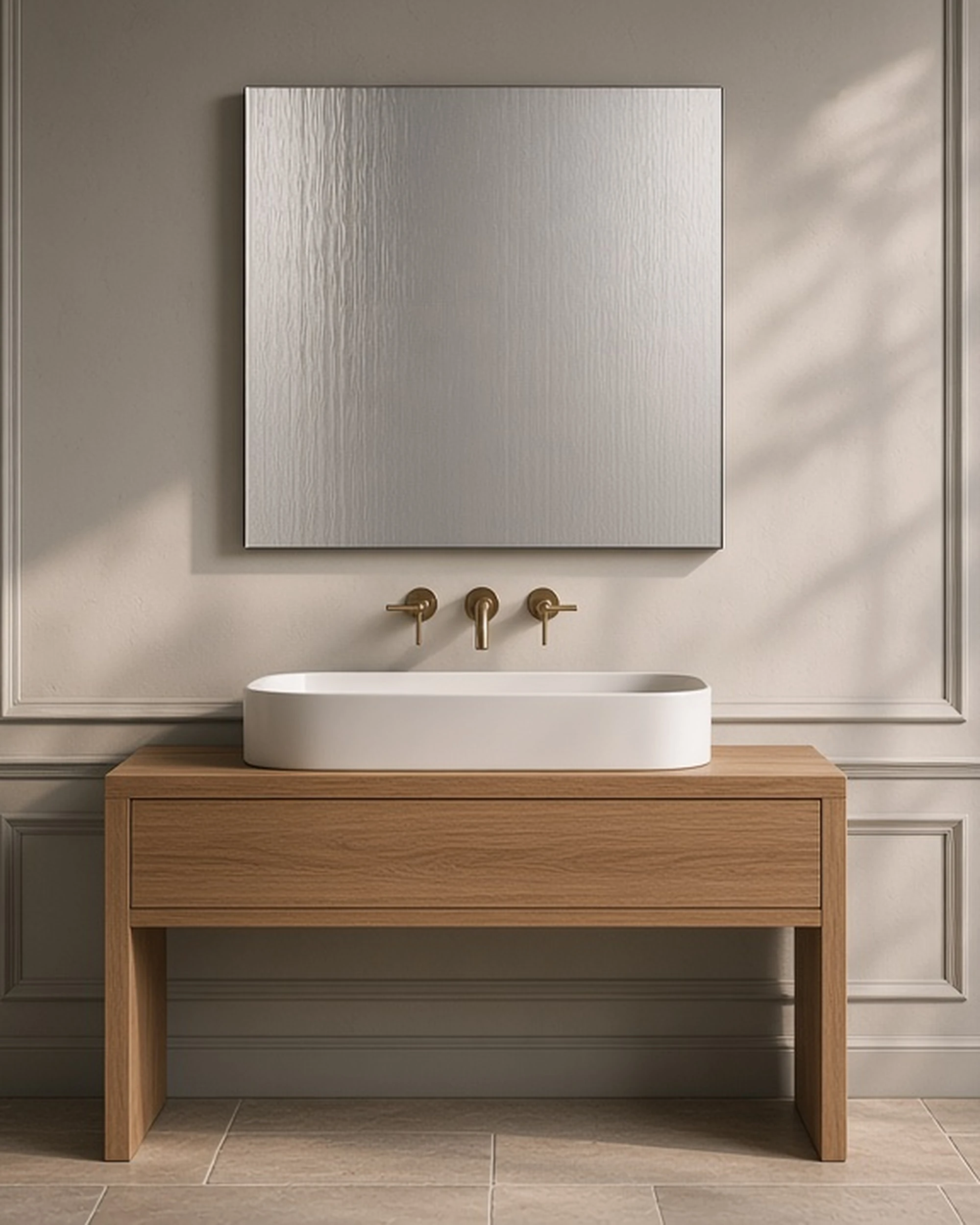 Silver Cotswold textured mirror above a bathroom vanity, illustrative render