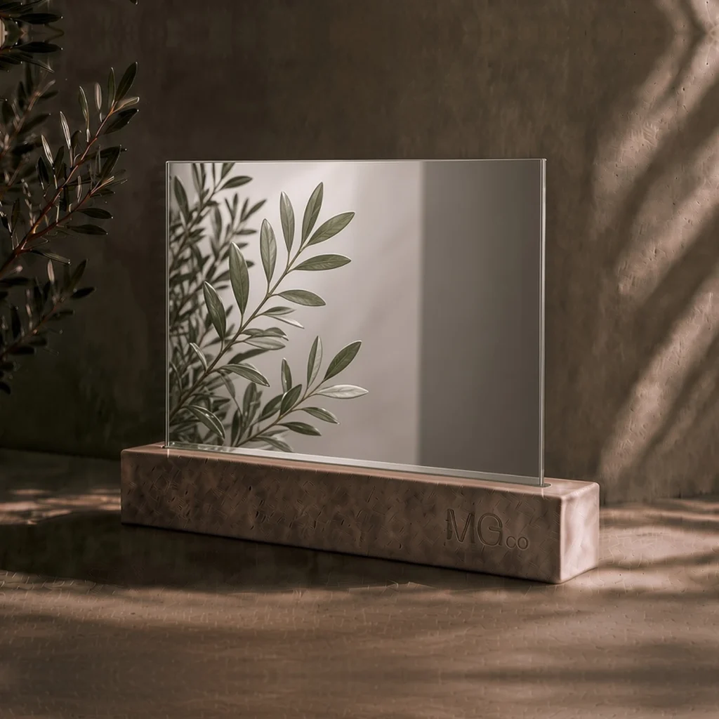 Clear silver mirror with bespoke digital print sample, illustrative design