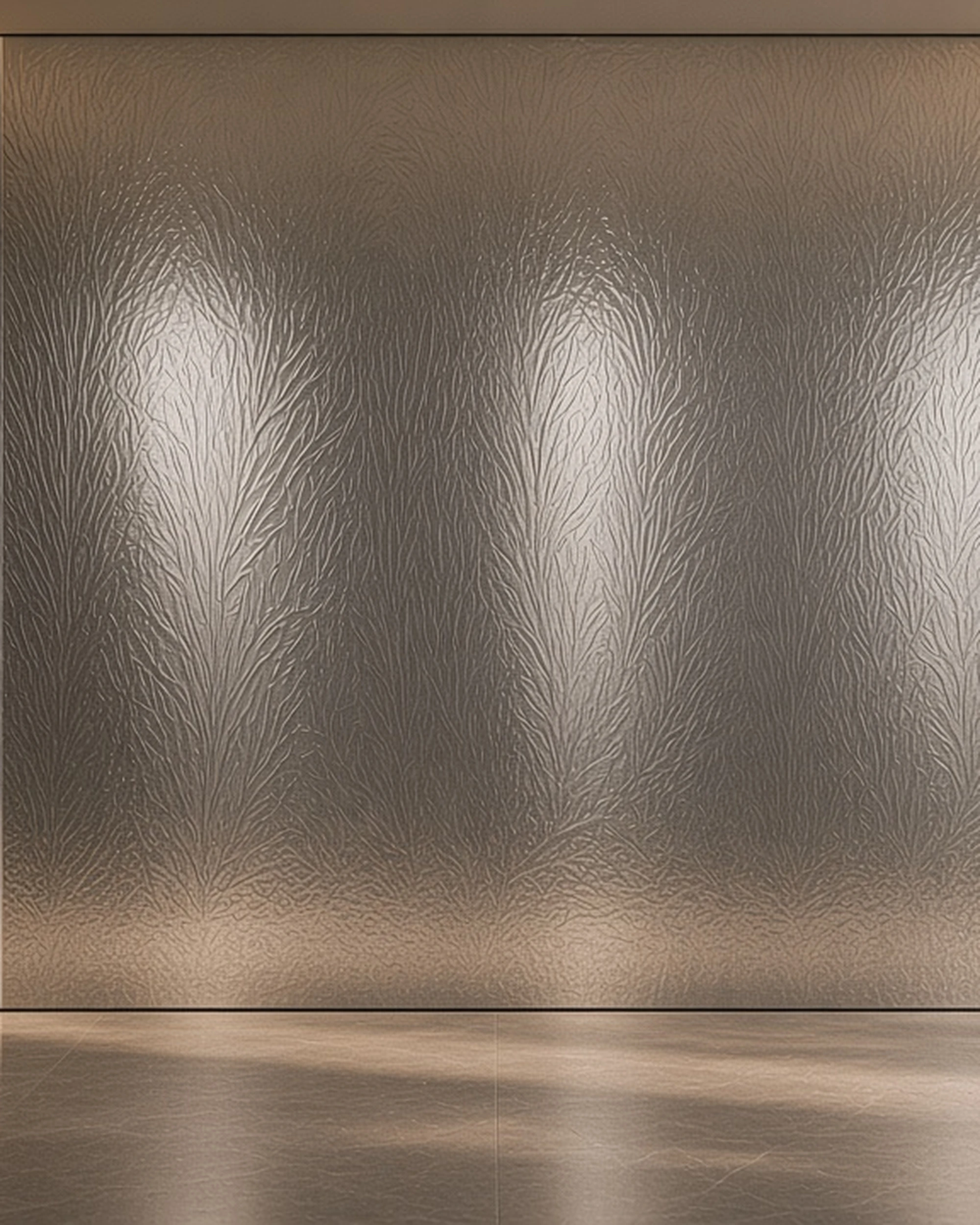 Silver Everglade textured mirror in a hotel lobby, illustrative render