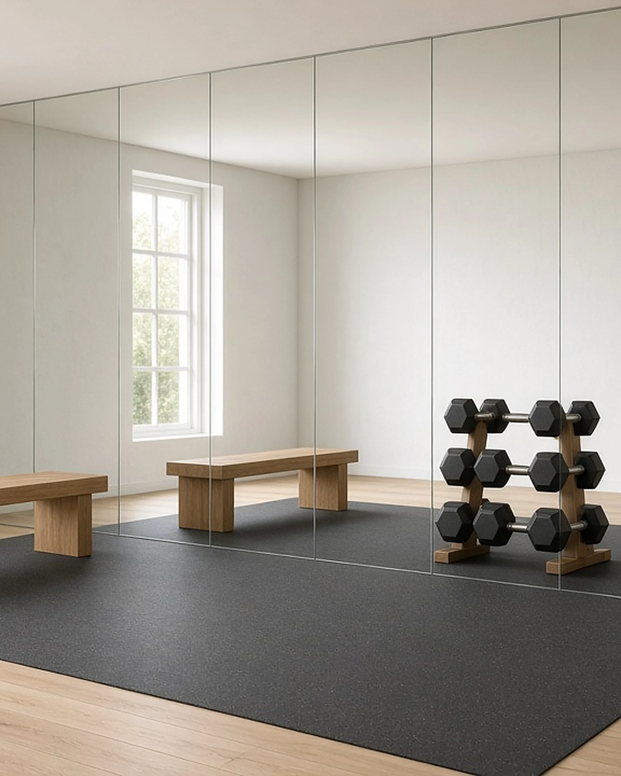 Clear silver mirror wall in a gym studio, illustrative render