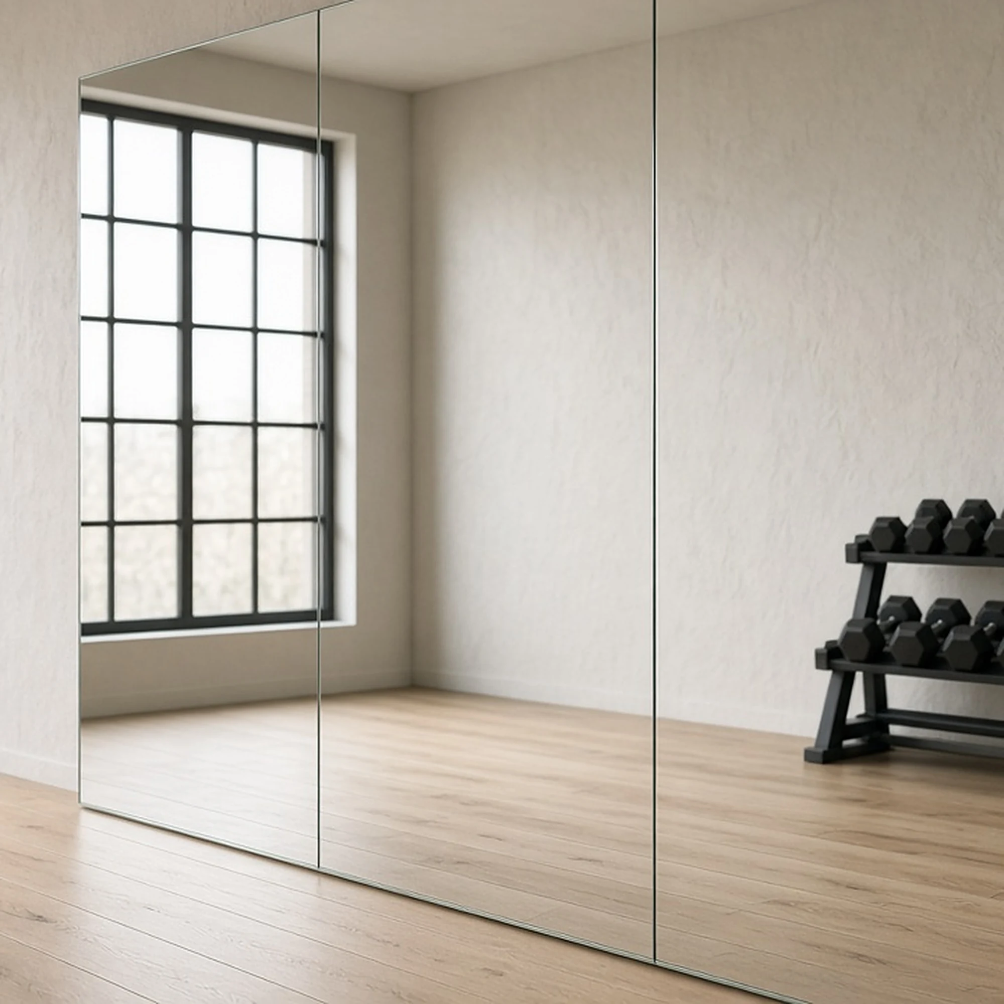 Clear silver mirror reflection close-up in a gym studio, illustrative render