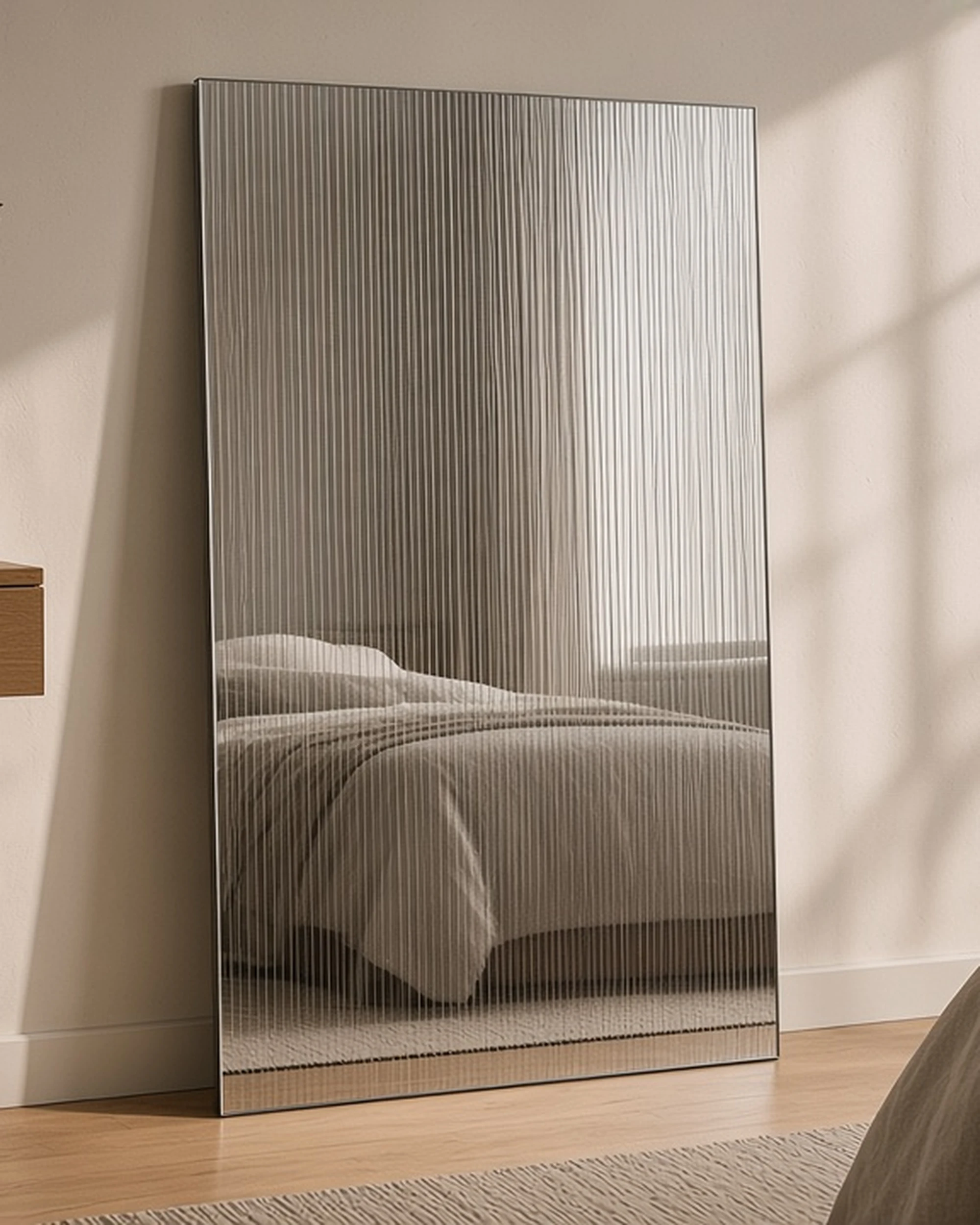 Silver 5mm reeded mirror leaning in a bedroom, illustrative render