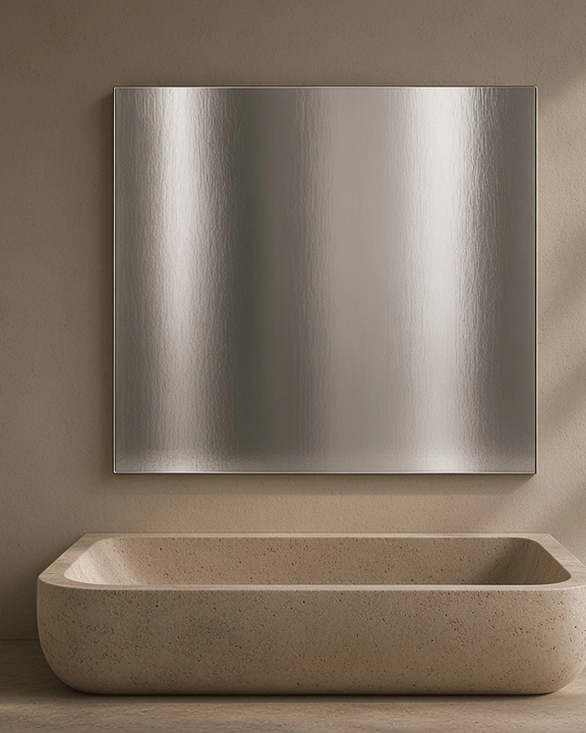 Silver satin mirror above a stone basin, illustrative render