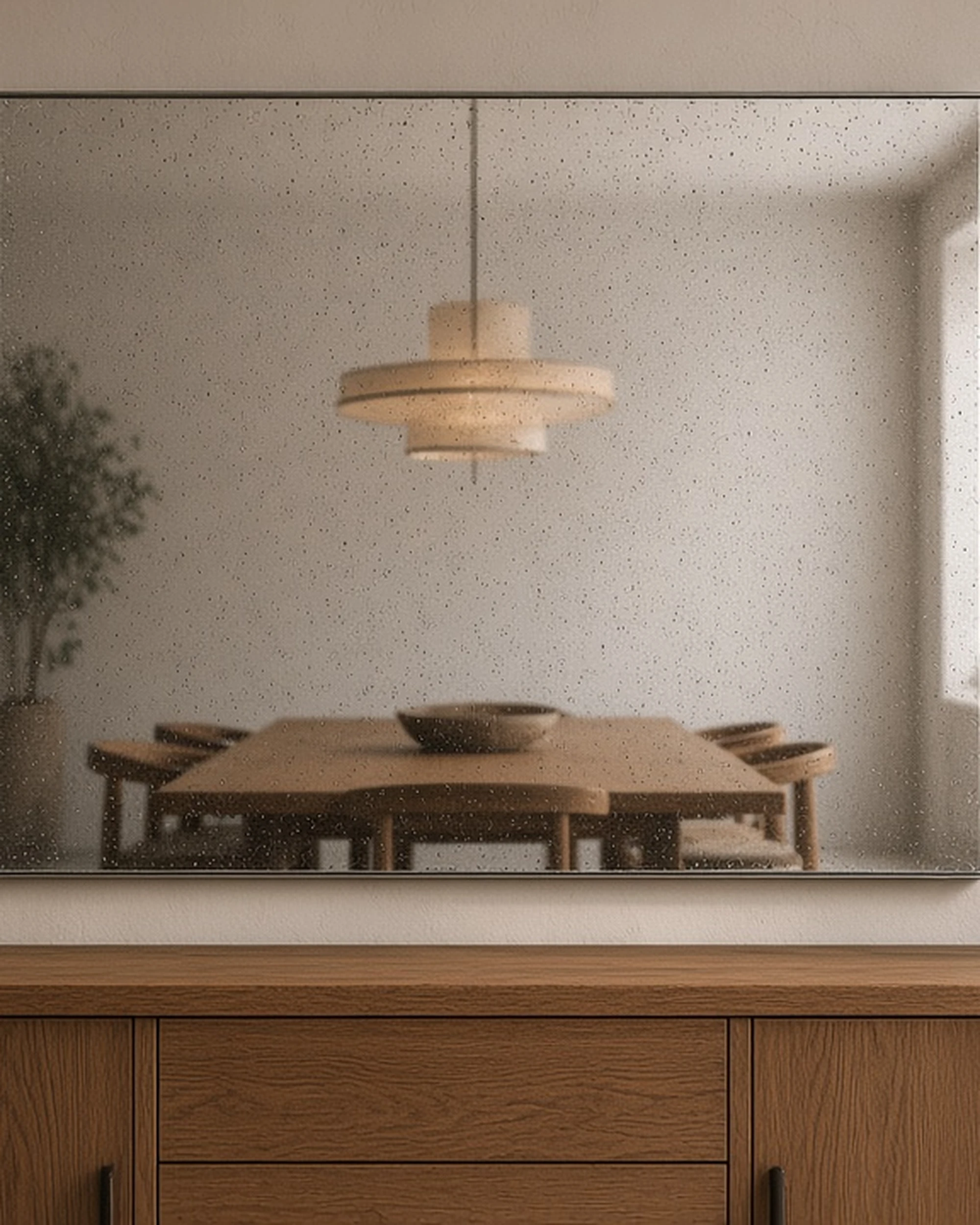 Silver speckle antique mirror above a dining room sideboard, illustrative render